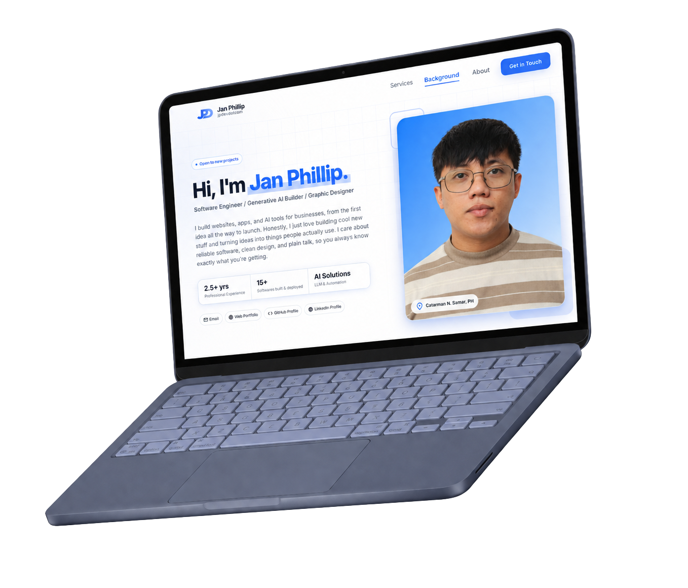 Jan Phillip's portfolio shown on a laptop